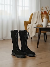 economico Stivali da combattimento-stivali alti fino al ginocchio con lacci marrone scuro da donna – stivali stile combattimento con suola spessa per outfit alla moda, passeggiate all'aperto, viaggi e uso quotidiano