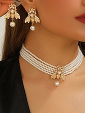 voordelige Huwelijk ACC-Dames parelbijen sieradenset - elegante meerlaagse chokerketting en oorbellen met goudkleurig insectenontwerp voor feesten, bruiloften en vintage mode-looks