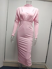 preiswerte schwarzes Maxikleid-Damen Midikleid schwarzes kleid Elegant Mode Modern Täglich Ausgehen Wochenende Normale Passform Einfach Langarm Hoher Ausschnitt Schwarz Rosa Wein Dunkelblau Frühling Herbst Winter