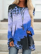 Χαμηλού Κόστους Τέχνη &amp; Σχεδίαση μπλουζάκι-Γυναικεία Μπλουζάκι Στάμπα Γραφική Γεωμετρία Βίντατζ Στυλάτο Καθημερινό Μακρυμάνικο Στρογγυλή Ψηλή Λαιμόκοψη Μακριές μπλούζες Καθημερινά Θαλασσί Πορτοκαλί Γκρίζο Φθινόπωρο Χειμώνας