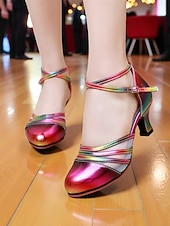 economico Scarpe per balli latini-Scarpe da ballo latino professionali da donna con stampa leopardata - tacchi da sala da ballo con cinturini in pelle scamosciata e rete per salsa, tango e gare di performance