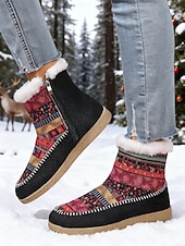 お買い得  雪と冬のブーツ-女性用エスニック柄の暖かいアンクルブーツ - カラフルなボヘミアンスタイルのフリース裏地付き冬用ブーツ、サイドジッパー付き、旅行や休暇に最適な快適なアウトドアシューズ