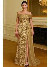 abordables Ball Gown Evening Dresses-A-Line Floor Length Beaded Eembroidered Formal Dresses Mother of the Bride Dress Evening Gown Ball Gown with Overskirt Elegant High Split Sleeveless Off Shoulder Wedding Formal Satin Lace with Ruched