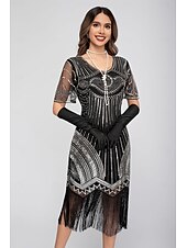 preiswerte 1920er Kleider-Goldene Zwanziger 1920er Knielang Flapper Kleid Kurze Ärmel Der große Gatsby Pailletten Fransen V Ausschnitt Kostüm Damen Weihnachten Karneval Flüsterkneipe Maskerade Retro-Mottoparty Erwachsene
