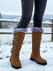 Недорогие Модные сапоги-Женские красные зимние сапоги из искусственной замши - высокие сапоги до колена с отделкой из искусственного меха и пряжкой на ремешке, стильная теплая рождественская обувь для улицы и повседневной