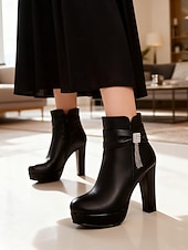 お買い得  プラットフォームブーツ-ラインストーンのディテールが施されたレディースのブラックアンクルブーツ。フォーマルなシーン、パーティー、夜のお出かけにぴったりのシックなイブニングスタイルのプラットフォームブーツ。