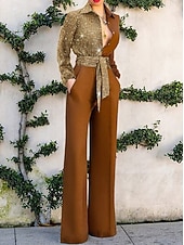 رخيصةأون حللا الحزب-نسائي طبيعي بذلة أنيق لون الصلبة كم طويل ساق عريضه قبعة القميص جيب عالي الخصر عطلة مناسب للبس اليومي عادي فضي أصفر أحمر الربيع