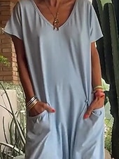 levne Overal pro plnoštíhlé-Dámské Běžný Kombinéza Elegantní Pevná barva Krátký rukáv Rovné Do V Slátanina Kapsy Dovolená Domů Běžný Vodní modrá Bílá Žlutá Léto