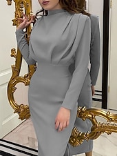 preiswerte schwarzes Maxikleid-Damen Midikleid schwarzes kleid Elegant Mode Modern Täglich Ausgehen Wochenende Normale Passform Einfach Langarm Hoher Ausschnitt Schwarz Rosa Wein Dunkelblau Frühling Herbst Winter