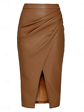 abordables Faldas Formales-Mujer Elegante Moda Midi Alta cintura Faldas Plano Frunce Puntas abiertas Rígido Diario Calle Rojo tinto Negro Marrón Beige Primavera