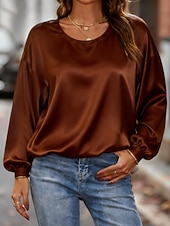 Χαμηλού Κόστους Επίσημες Μπλούζες-Γυναικεία Πουκάμισο Κομψή Φιλάρεσκος Σατέν Μπλούζα Κουρελού Σκέτο Κομψό Στυλάτο Καθημερινό Μακρυμάνικο Στρογγυλή Ψηλή Λαιμόκοψη Κανονικά μπλουζάκια Καθημερινά Αργίες Εξόδου