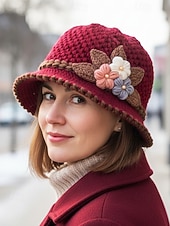 tanie Kapelusze damskie-Damska czapka beanie z dzianiny – miękki wełniany materiał, wiele kolorów, zdobienie w postaci kwiatów 3D, podszewka z polaru zapewniająca ciepło, idealna na święta Bożego Narodzenia i zimowe aktywności na świeżym powietrzu