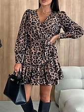 economico Abiti Floreali Stampati-Per donna Mini Abito Vestito Casual Abito Stampato Elegante Moda Moderno Quotidiano Ferie Uscire Vestibilità regolare Leopardo Manica Lunga Scollo a V Blu Leopardo Rosso Verde Estate