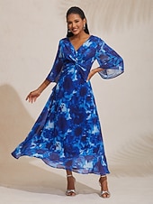 billiga Designklänningar och jumpsuits-abstrakt blommig v-ringad maxiklänning med knut framtill och utsvängda ärmar