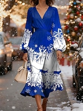 preiswerte Weihnachtskleider-Weihnachten Damen Midikleid A Linie Kleid Urlaub Lässig Party Täglich Abendgesellschaft Normale Passform Grafik Schneeflocke Langarm V Ausschnitt Blau Rote Purpur Grün Herbst Winter