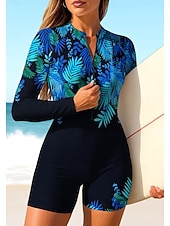 お買い得  ワンピースラッシュガード-女性用 ラッシュガード ワンピースサーフィンスーツ 水着 フラワー トロピカル風 カラーブロッキング ジッパーを閉める 内蔵ブラ付き 取り外し式パッド UVサンプロテクション UPF50+ 超軽量(UL) 長袖 スイムウェア ラッシュガード サーフィン ビーチ ウォータースポーツ 夏