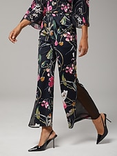  damesbroek stretchstof bloemenprint chiffon transparante panelen uitlopende pijp elastische taille elegant comfortabel dagelijks werk herfst