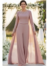 cheap Mom's Jumpsuits-3 Piece Pantsuit Floor Length Mother of the Bride Dress Sleeveless Long Sleeve Crew Neck Elegant Formal Wedding Guest Chiffon Satin with Pleats Beading