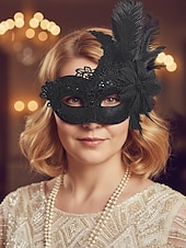 baratos Acessórios de Máscara-Máscara feminina de renda com penas para baile de máscaras - máscara elegante estilo vintage para festas, com flor amarela e pérolas, ideal para bailes de máscaras, formaturas ou festas à fantasia.