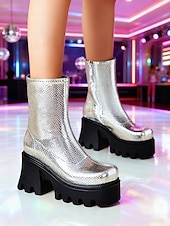 baratos Estilo Disco &amp; Hippie dos anos 70-Botas femininas prateadas metalizadas com plataforma, salto grosso e zíper - estilo disco dos anos 80, calçado moderno para festas e eventos de dança.