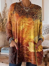 preiswerte Boho-T-Shirt-Damen T Shirt Tasche Druck Blumen Grafik Vintage Mode Stilvoll Langarm Rundhalsausschnitt Normale Oberteile Täglich Ausgehen Wochenende Rosa Orange Grün Beige Frühling Herbst Winter