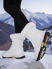 preiswerte Schnee- und Winterstiefel-Weiße Damen-Winterstiefel mit Fellbesatz – wasserdichte Schnürstiefeletten mit Plateau für Wandern, Skitouren und Wintersport