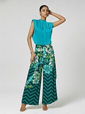 رخيصةأون السراويل النسائية-بنطلون واسع الساق من الساتان بطبعة زهور هندسية، مناسب للعطلات غير الرسمية