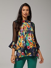 preiswerte Hemden, Tops und Blusen-Damen Bluse schwarz Blumendruck Stretch Chiffon Ärmel U-Boot-Ausschnitt lässig bequem Frühling Sommer Herbst Urlaub