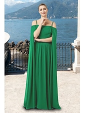 voordelige Vloerlengte-A-lijn Tot de grond Bruiloft gast jurk Formele jurk Avondjurk Moeder van de bruid jurk Lange mouw Schouderafhangend Elegant Eenvoudig Formeel Chiffon met Plooien