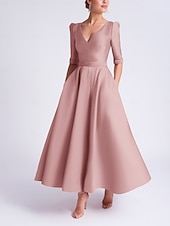 tanie Sukienki koktajlowe-Krój A Lekko nad kolana Sukienka koktajlowa Sukienki imprezowe Elegancja Rękaw 1/2 W serek Formalny Gość weselny Satyna z Kieszeń