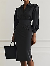 tanie czarna sukienka midi-Damskie Długa sukienka sukienka maxi Czarna sukienka Sukienka ołówkowa Elegancja Moda Nowoczesny Codzienny Biuro Święto Regularny Równina Długi rękaw W serek Czarny Rumiany róż Jasnoszary Beżowy