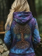 billige Kunst og design topper-Dame Pullover hettegenser-genser Grafisk Geometrisk Abstrakt Varm Årgang Fritid Langermet Med hette Vanlige topper Gate Hverdag Avslappet Trykt mønster Lomme foran Blå Grønn Høst Vinter