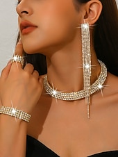 Недорогие Женское ожерелье-Женский комплект украшений из золота со стразами: сверкающее колье, серьги, браслет &amp;набор колец для коктейльных вечеринок, свадеб и официальных мероприятий