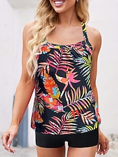 economico Tankini-Costume da bagno tankini da donna 2 pezzi pantaloni corti palma controllo pancia vita alta slinguato senza schiena vacanza in spiaggia scollatura a giro floreale senza maniche