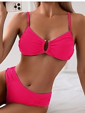economico Bikini-Costume da bagno due pezzi bikini da donna con arricciature perizoma con ferretto slanciato controllo della pancia vita alta senza schienale abbigliamento da spiaggia per le vacanze colore solido