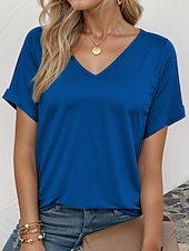 abordables Camiseta lisa-Camiseta de mujer, informal, con estampado de rayas, manga corta, cuello en V, para uso diario, en blanco y negro, para verano