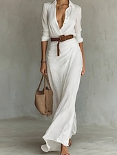 baratos Vestido Boho de Algodão e Linho-Mulheres Vestido Longo Vestido Maxi Camisetão Moderno Diário Ao ar livre Para Noite Normal Tecido Manga Longa Colarinho de Camisa Preto Branco Azul Marinha Cáqui Primavera Outono