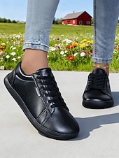 abordables Zapatillas de mujer-Zapatillas clásicas blancas de piel sintética de corte ancho para mujer: zapatos planos informales con cordones para tenis, caminar, la escuela y uso diario.