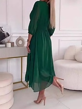 baratos vestido midi preto-Mulheres Vestido midi Vestido preto Vestido casual Elegante Moda Moderno Diário Para Noite Final de semana Normal Tecido Manga 3/4 Decote V Azul Preto Verde Primavera Outono