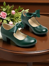 baratos Scarpins de salto bloco-Sapatos Mary Jane femininos vintage dos anos 1950 em couro sintético verde com detalhe de laço - estilo retrô elegante, perfeitos para eventos vitorianos e eduardianos e reuniões formais.