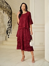  Γυναικεία Κομψό Καθημερινό Μίντι Μεσαία Μέση Φούστες Δαντέλα Με Βολάν Ακανόνιστος γιακάς Μικροελαστικό Ημερομηνία Καθημερινά Κρασί Άνοιξη, Φθινόπωρο, Χειμώνας, Καλοκαίρι