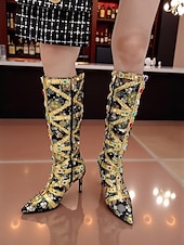 ieftine Cizme de modă-Cizme stiletto pentru femei, decorate cu pietre prețioase colorate și detalii aurii, cizme de lux la modă pentru petreceri de seară și ocazii speciale