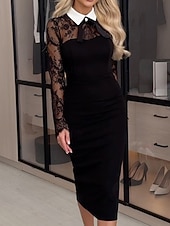 Χαμηλού Κόστους μίντι μαύρο φόρεμα-Γυναικεία Μίντι φόρεμα Μαύρο φόρεμα Φόρεμα Φόρεμα χορού Φόρεμα για πάρτυ Κομψό Μοντέρνα Βραδινό Πάρτυ Πάρτι Ειδική Περίσταση Κανονικό Σκέτο Μακρυμάνικο Κολάρο Πουκαμίσου Μαύρο Άνοιξη Φθινόπωρο