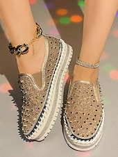 voordelige Damessneakers-Dames instapsneakers met glitter en studs - glinsterende platformschoenen met strass-versiering voor uitgaansgelegenheden, feesten en clubwear &amp;feestelijke outfits