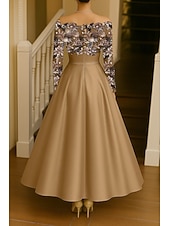 cheap Ankle Length-Two Piece A-Line Ankle Length Beaded Eembroidered Party Dress Cocktail Dress Mother of the Bride Dress Long Sleeve Strapless Off Shoulder Elegant Sparkle &amp; Shine Formal Wedding Guest Semi Formal Satin