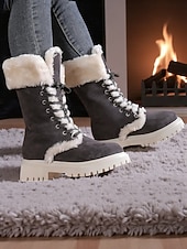 abordables Bottes de neige et d'hiver-Bottes d'hiver à lacets doublées de fausse fourrure pour femmes - bottes de neige chaudes en daim avec semelle antidérapante pour temps froid et activités de plein air