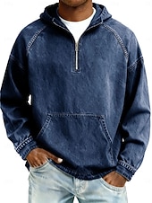 olcso alap pólók-Férfi Farmer ing 100% Cotton Acid Wash ing Tee Top Hosszú ujj Kapucni Tavasz Ősz Ősz &amp; tél Sima Szüret Utcai sikk Alkalmi Régies stílus Kapucni Hétköznapi Otthon Utca Világoskék Fekete Világoszöld