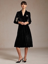 abordables Robe Simple-Femmes Robe Midi Robe trapèze Élégant Soirée Coupe régulière Couleur Unie manche longue Col en V Noir Printemps Automne Hiver