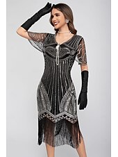 preiswerte 1920er Kleider-Goldene Zwanziger 1920er Knielang Flapper Kleid Kurze Ärmel Der große Gatsby Pailletten Fransen V Ausschnitt Kostüm Damen Weihnachten Karneval Flüsterkneipe Maskerade Retro-Mottoparty Erwachsene