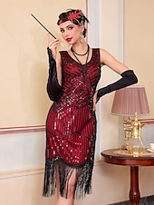 baratos Vestidos dos anos 1920-Conjunto Loucos anos 20 Anos 20 Até os Joelhos Vestidos Vestido melindroso Roupa com acessórios Sem Mangas O Grande Gatsby charleston Paetês Franjas Pena Decote V Fantasia Mulheres Carnaval Ano Novo